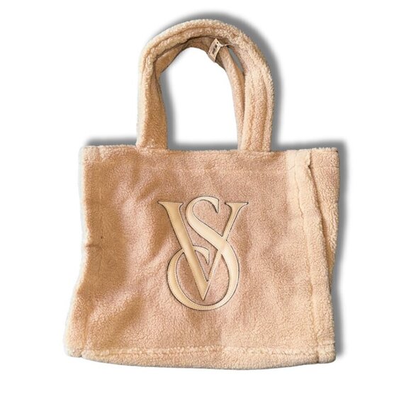 NEW Victoria's Secret Tan Sherpa Tote Bag Large Fur Tote Snap Closure VS Logo - Picture 4 of 13